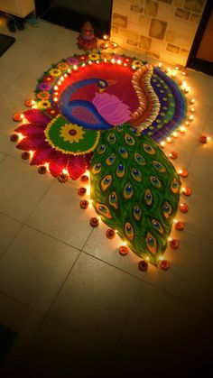 a peacock decorated with lights on the floor