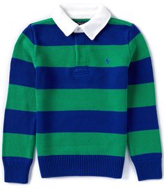 From Polo Ralph Lauren&#x2C; this sweater features:Horizontal stripe printContrasting knit rugby collarLong sleeves with rib-knit cuffsTwo-button rugby placketRubber buttonsSignature embroidered Pony on the left side of chestRib-knit hemChunky-knit cottonMachine wash/tumble dryImported. Striped Long Sleeve Polo Sweater With Ribbed Collar, Winter Cotton Sweater With Striped Collar, Striped Long Sleeve Polo Sweater, Classic Winter Tops With Contrast Stripes, Rugby Sweater, Big Wednesday, Rugby Vintage, Classic American Style, Ralph Lauren Kids