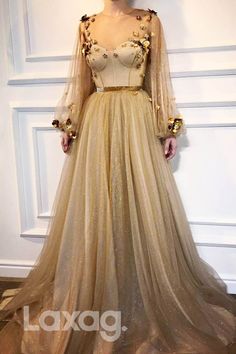 14754 - Floral Embellished Pleated Sparkly Puff Sleeves Gown - Laxag Gold Prom Dresses Long, Chic Prom Dresses, Gold Prom, Gold Prom Dresses, Long Sleeve Prom, Pink Prom, Long Prom Dresses, A Line Prom Dresses, Beauty Dress