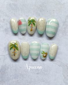 "These cute press on nails, Ready to wear.  This is for a QUICK and EASY manicure, hand painted and durable.  Nail shape in photo : round short Each order contains :  * 10 x press on nails of your size * 1 x nail file * 1 x adhesive tab sheet (24 tabs)  * 2 x alcohol wipe  * 1 x wood stick All of my works are hand painted and I do not use any stamps, stickers, rhinestones or other parts. Therefore, please understand that there may be slight differences in color and shape, and that it takes time Beach Vacation Christmas Nails, Tropical Christmas Nails Art Designs, Christmas Palm Tree Nails, Cute Tropical Nails, Beach Christmas Nails, Christmas Beach Nails, Tropical Christmas Nails, Cute Press On Nails, Christmas Palm Tree