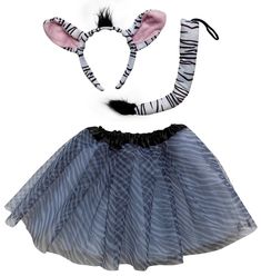 a zebra headband, tutu skirt and ears are on display in front of a white background