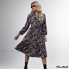 Olivia Mark - Floral Print Long Sleeve Dress Flowy Floral Print Midi Dress For Fall, Flowy Winter Midi Dress, Floral Print Midi Dress For Fall Day Out, Chic Winter Floral Print Midi Dress, Non-stretch Maxi Dress For Work In Spring, Casual Fall Midi Dress With Floral Print, Fall Floral Print Midi Dress, Feminine Fall Floral Print Midi Dress, Feminine Floral Print Midi Dress For Fall