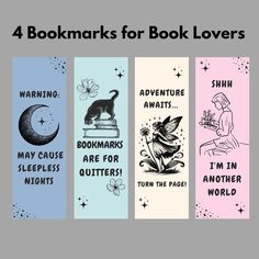 four bookmarks with the words, 4 books for book lovers and an image of a cat