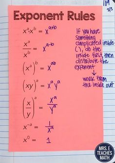 an exponent rules poster on a piece of paper