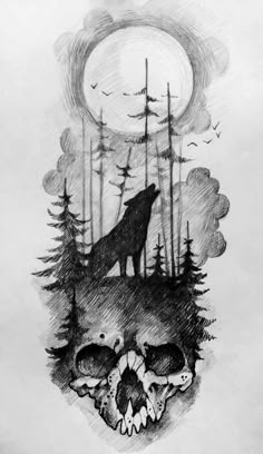 a black and white drawing of a wolf in the woods with a full moon behind it