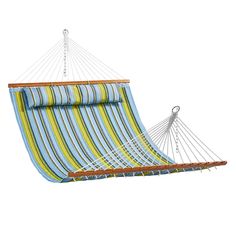 a blue and yellow striped hammock hanging from a rope