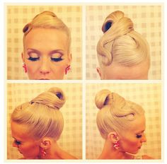 High looped bun with a simple swirl and slightly poofed bang swoop. Good hairstyle for standard and can also be worn for latin. Visit http://ballroomguide.com/comp/hair_make_up.html for more hair and makeup info Dancing Makeup, Dancing Hairstyles, Ballroom Competition Hair, Ballroom Blitz