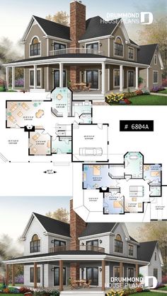 two story house plans with front and back porches on the first floor are shown