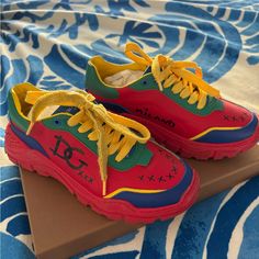 Never Worn Multicolored Dolce And Gabbana Sneakers Playful Red Sneakers With Round Toe, Dolce Gabbana Sneakers, Denim Sneakers, Strappy Flats, Strappy Sandals Flat, Dolce Gabbana Shoes, Dolce And Gabbana Kids, Kids Denim, Red Sneakers