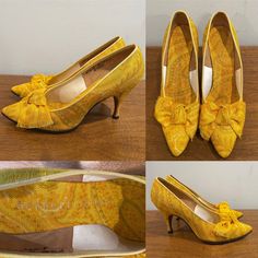 "Vintage 60s Mod HERBERT LEVINE Gold Orange Paisley Floral Print Fabric Pumps Heels Shoes Size 4-1/2 B   * Incredibly well made Vintage 60s HERBERT LEVINE Pumps! * Paisley and floral print in yellow gold, orange and green * Bows at the front of each shoe  * HERBERT LEVINE stamped on one shoe and JOSEPH MAGNIN stamped on the other * Stamped Size 4-1/2\" B * Measure approx. 9\" toe to heel from inside the shoes * Approx. 2 3/4\" at their widest * Heels are approx. 3-1/2\" tall * Amazing - like new condition!" Vintage Yellow Pointed Toe Heels, Retro Pointed Toe Heels For Vintage Fashion, Retro Heels With Pointed Toe For Vintage Fashion, Retro Pointed Toe Heels For Vintage Occasions, Retro Yellow Heels For Party, Yellow Retro Heels For Party, Vintage Fitted Pointed Toe Heels, Fitted Vintage Heels With Pointed Toe, Joseph Magnin