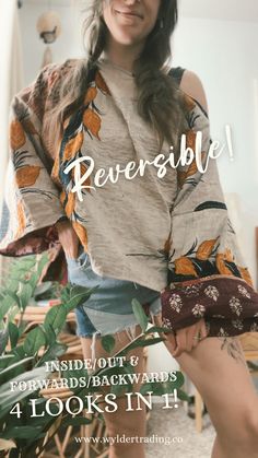 a woman standing next to a potted plant with the words reversible inside out and