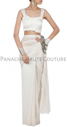 White Color Crepe Designer Saree Gown Online Elegant White Pre-draped Saree With Sheer Dupatta, Elegant White Designer Pre-draped Saree, White Pre-draped Saree For Party, Elegant Silver Pre-draped Saree For Evening, Elegant White Georgette Pre-draped Saree, White Pre-draped Floor-length Gown, Elegant Off-white Georgette Pre-draped Saree, Elegant Draped Designer Gown, Elegant Draped Gown For Designer Wear