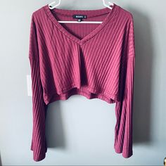 Missguided Purple Ribbed Bell Sleeve Crop Top - Never Worn - V-Neck Style - Size 10 50 Purple Ribbed Stretch Top, Purple Stretch Ribbed Tops, Stretch Purple Ribbed Tops, Trendy Purple V-neck Crop Top, Stretch Ribbed Purple Tops, Fitted Purple V-neck Crop Top, Fitted V-neck Purple Crop Top, Bell Sleeve Crop Top, Bell Sleeve