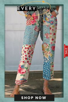 Women's Vintage Floral Print Casual Pants Wide Leg Patchwork Bottoms For Spring, High-waist Patchwork Pants For Summer, High Waist Patchwork Pants For Summer, Summer Straight Pants With Patchwork, Spring Patchwork Straight Pants, Spring Relaxed Fit Patchwork Pants, Spring Patchwork Trousers, Spring Patchwork Pants, Spring Patchwork Ankle-length Pants