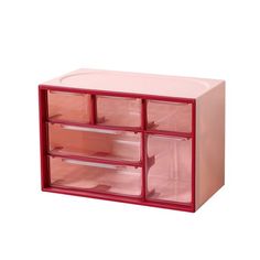 a pink and red plastic drawer with four drawers on each side, one section is open