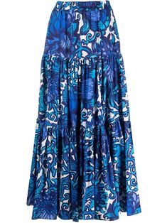 blue cotton all-over graphic print tiered skirt voluminous skirt elasticated waistband two side inset pockets ankle-length Blue Voluminous Maxi Skirt For Summer, Blue Tiered Maxi Skirt With Lining, Blue Tiered Skirt With Lining, Blue Tiered Lined Maxi Skirt, Blue Lined Tiered Skirt, Blue Full Skirt With Ruffles, Blue Tiered Lined Skirt, Blue Tiered Bottoms With Elastic Waistband, Blue Cotton Tiered Dress