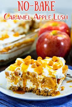 no bake caramel apple lush dessert on a plate with an apple in the background