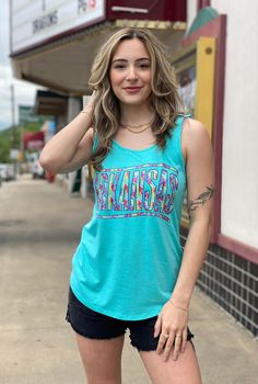 Okay we just created the PERF Summer tank! That neon tie dye graphic + the bright blue is the best combo! Plus, this tank is totally customizable to your state! District Brand: Lagoon Blue Professionally DTF Printed Unisex Fit: True to Size 50% Cotton 25% Polyester 25% Rayon Summer Game Day Tank Top, Casual Tank Top For Game Day In Summer, Casual Summer Tank Top For Game Day, Sleeveless Tank Top For Game Day In Summer, Blue Spring Tops With School Spirit Style, Blue Tops For Spring School Spirit, Blue Spring Tops For School Spirit, Trendy Blue Letter Print Tank Top, Casual Turquoise Tank Top For Summer