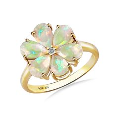 Flora 14K Solid Gold Diamond Natural Opal Blossom Ring *Metal: 14K Solid Gold (Yellow, White, or Rose) *Gemstone:      - **Opal     - Cut: Pear-Cut      - Size: 6 Pieces 4 * 6 mm     - Total Carat Weight (CTW): 2.0     - Ring Size: Available in various sizes, custom sizes upon request *Diamonds:    - Color: Gold   - Clarity: VS    - Total Carat Weight (CTW): 0.02 Flora 14K Solid Gold Diamond Natural Opal Blossom Ring is a stunning celebration of nature's delicate beauty. Inspired by the enchanting bloom of a flower, this ring features luminous natural opals, each petal radiating with a captivating play-of-color that dances in the light. The opals' fiery rainbow hues symbolize hope, purity, and creativity, making this ring an eye-catching and meaningful piece. Set in luxurious 14K solid gol Flower-shaped Multi-stone Wedding Jewelry, Yellow Gold Flower-shaped Multi-stone Rings, Flower Shaped Multi-stone Wedding Jewelry, Gold Flower-shaped Rings With Gemstones, Yellow Gold Flower-shaped Rings With Multi-stone, Yellow Gold Floral Multi-stone Rings, Multi-stone Flower Wedding Ring, 14k Gold Flower Shaped Gemstone Rings, Wedding Flower Ring With Multi-stone