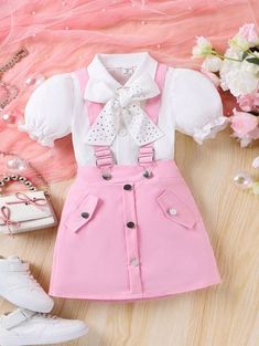 Pink Cute Collar   Colorblock,Polka Dot  Embellished Non-Stretch  Young Girls Clothing Cute White Skirt For School, Cute White School Skirt, Cute Pink School Skirt, Pink Short Sleeve School Sets, Cute Pink Skirt For School, Preppy School Sets For Spring, Suspender Skirt, Autumn Casual, College Style