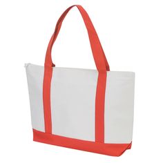 Here is a simple tote that is perfect to carry around during a trade show or seminar. Comes in white trimmed with red, royal, or black. Also comes in all black. Has a front flap pocket, and large main compartment with shoulder length handles. Custom Zippered Full Handle Tote Bag | 600 Denier | Totes | Zippered Top Closure Totes Functional White Canvas Bag With Reinforced Handles, White School Bag With Reinforced Handles, White Rectangular Functional Canvas Bag, Functional White Rectangular Canvas Bag, Red Bags With Reinforced Handles For Everyday Use, Everyday Red Bags With Reinforced Handles, Red Everyday Bags With Reinforced Handles, Red Rectangular Bag With Reinforced Handles, Simple Tote