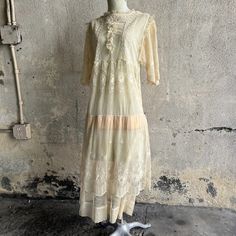 Antique 1920s Cream Embroidered Net & Lace Dress Pink Ribbon Midi Ruffle Vintage | eBay Victorian Beige Dress With Ruffles, Victorian Ruffle Dress For Spring, Spring Victorian Ruffle Dress, Victorian Vintage Lace Dress With Ruffles, Daywear Vintage Lace Dress With Ruffles, Vintage Spring Lace Dress With Ruffles, Vintage Lace Dress With Ruffles For Spring, Victorian Spring Dress With Lace Work, Vintage Lace Dress With Ruffles For Garden Party