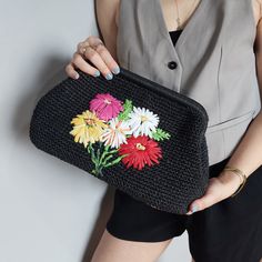 🌸 Handmade Black Raffia Clutch Bag for woman embraces summer elegance. Meticulously woven bag from high-quality raffia yarn and adorned with exquisite embroidered flowers. 🌸 Available in two sizes, medium and large, this versatile black clutch is spacious enough to hold all your essentials, making it perfect for beach weddings, garden parties, and outdoor events. 🌸 Each flower pattern summer clutch is crafted with care and attention to detail, ensuring a unique and personalized touch that set Black Evening Straw Bag, Embroidered Evening Bag For Summer, Rectangular Black Straw Bag For Spring, Black Rectangular Straw Bag For Spring, Elegant Black Summer Clutch, Elegant Black Straw Bag For Spring, Embroidered Rectangular Crochet Bag For Summer, Black Bags With Floral Embroidery For Spring, Summer Vacation Clutch