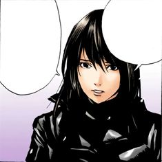 an anime character with black hair and white speech bubbles above her head