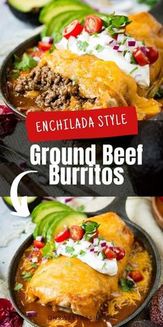 enchilada style ground beef burritos in a skillet