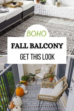 fall balcony decor with text overlay that reads boho fall balcony get this look