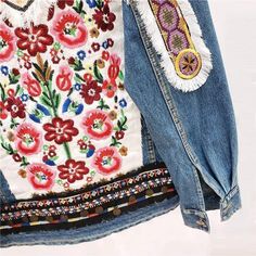 WickedAF Maya Embroidered Denim Jacket Trendy Floral Embroidery Denim Jacket For Fall, Trendy Denim Jacket With Floral Embroidery For Fall, Spring Button-up Outerwear With Patches, Spring Denim Jacket With Multicolor Floral Embroidery, Bohemian Outerwear With Multicolor Embroidery And Pockets, Bohemian Denim Jacket With Floral Embroidery, Bohemian Cotton Denim Jacket With Floral Embroidery, Bohemian Long Sleeve Denim Jacket With Floral Embroidery, Bohemian Embroidered Denim Jacket For Fall