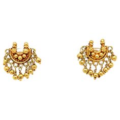 Artisan made 18 karat yellow gold earring pair, crafted in Indian traditional antique Chandbali style. This petite one half inch version of what are typically large heavy bold pieces works as an artful accent accessory in real gold. Ornate and dashed with small dangling gold balls that lend movement, the look has just a touch of drama but in a modest size for everyday wear. Post back for pierced ears,. Gift boxed. Luxury Chandbalis With Intricate Design For Ceremonial Occasions, Luxury Brass Chandbali Jewelry, Luxury Yellow Gold Chandbali Pearl Earrings, Luxury 22k Gold Chandbali Danglers, Luxury Gold Plated Chandbalis For Festivals, Luxury Gold Chandbalis For Festivals, Gold Urn, Earring Video, Chandbali Earrings