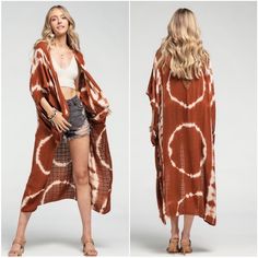 Bohemian Burnt Orange Tie Dye Floral Crochet Kimono Cover Up One Size , 100% Viscose, Ships In 7-8 Days Bohemian Long Sleeve Brown Kimono, Bohemian Brown Long Sleeve Kimono, Brown Bohemian Open Front Kimono, Bohemian Brown Open Front Kimono, Bohemian Open Front Free Size Cover-up, Bohemian Brown Cover-up For Spring, Bohemian Spring Beach Duster Cover-up, Bohemian One Size Fall Cover-up, Bohemian Spring Duster With Open Front