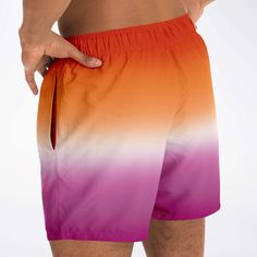 These subtle ombre gradient swim trunks are a great way to show your Lesbian pride in a unique way! Doubles as shorts and swimwear, for those hot summer days. Cute and vibrant ombre gradient design in the colors of the "sunset" inclusive Lesbian pride flag. Drawstring & elastic waistband 2 side pockets Above-the-knee length Inner mesh lining Polyester Handmade to order: This item ships in 4-8 business days (Average time is 5 days) Please use the Size Guide for proper fitting. If you are between Multicolor Moisture-wicking Short Bottoms, Multicolor Bottoms With Built-in Shorts For Pool, Summer Moisture-wicking Orange Bottoms, Pink Short Bottoms For Pool, Lesbian Pride Flag, Pride Flag Colors, Subtle Ombre, Shorts Swimwear, Ombre Gradient