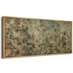 a painting on the wall with flowers and leaves painted on it's sides, framed in wood