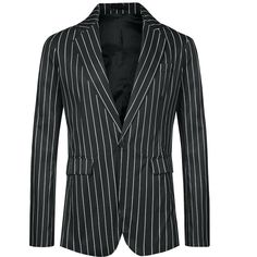 The men's striped blazers feature a timeless and classic design that will never go out of style, a versatile addition to any wardrobe. Pair a vertical striped blazer with dress pants, a button-up shirt, and dress shoes for a look that will impress. A striped blazer can also be given as a gift to your friends or family. Striped Business Suits For Winter, Striped Suits For Business In Winter, Striped Winter Business Suits, Business Blazer With Vertical Stripes And Long Sleeves, Striped Suits For Business Casual In Fall, Striped Fall Business Casual Suits, Striped Business Suits For Fall, Striped Suits For Business In Fall, Winter Striped Blazer For Business Casual