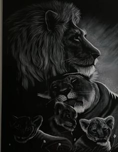 a black and white drawing of two lions with three cubs in front of the image