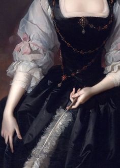 a painting of a woman in a black dress with a feather on her lap and wearing a tiara