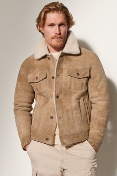 Embrace warmth in a uniquely American style with our Gabe shearling jean jacket. Artisan-crafted in rich French sheepskin, Gabe has all the qualities you would expect in a favorite wardrobe mainstay. Worn with denim, chambray shirts, or corduroy sweaters, the Gabe sheepskin jacket may very well likely become an everyday companion. Casual Sheepskin Leather Jacket For Winter, Shearling Leather Jacket For Cold Weather, Classic Fitted Shearling Leather Jacket, Casual Sheepskin Long Sleeve Outerwear, Casual Sheepskin Outerwear With Long Sleeves, Casual Long Sleeve Sheepskin Outerwear, Fitted Shearling Leather Jacket, Fitted Long Sleeve Shearling Leather Jacket, Winter Sheepskin Leather Jacket With Pockets