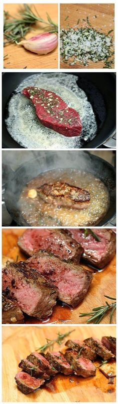 steaks being cooked in a skillet with rosemary sprigs on the side