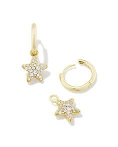 The soon-to-be star of your ear stack, meet the Jae Gold Star Pave Huggie Earrings. Studded with white crystals, these huggies are instantly noticeable and will catch compliments constantly. The charms are also removable, giving you multiple styles in one Short Pendant Necklace, Huggie Earrings Gold, Kendra Scott Earrings, Ear Stack, White Crystals, Handbag Charms, Star Jewelry, Huggie Earrings, Kendra Scott Jewelry