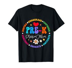 a black t - shirt with the words pre k and flowers in rainbows on it