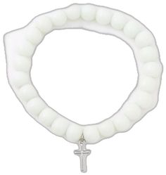 White Spiritual Rosary Bracelet With 8mm Beads, White Cross Rosary Bracelet, White Spiritual Rosary Bracelet With Cross, White Cross Rosary Bracelet For First Communion, Spiritual White Rosary Bracelet With Round Beads, Spiritual White Stretch Bracelet With Letter Beads, White Spiritual Stretch Bracelet With Letter Beads, White Spiritual Stretch Bracelet With Round Beads, White Adjustable Spiritual Stretch Bracelet