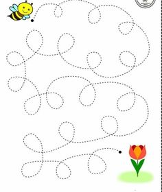 a bee is flying in the air with a flower and dotted lines to make it look like