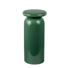 a green plastic stool with a lid on the top and bottom, in front of a white background