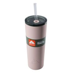 a pink tumbler cup with a straw in it