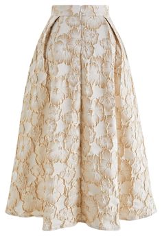 Thriving Golden Blossom Embossed Jacquard Midi Skirt - Retro, Indie and Unique Fashion Elegant Floral Embroidered Party Skirt, Elegant Evening Floral Print Skirt, Elegant Floral Print Evening Skirt, Elegant Evening Skirt With Floral Print, Elegant Bottoms For Summer Garden Party, Elegant Summer Bottoms For Garden Party, Elegant Floral Print Party Skirt, Elegant Floral Print Skirt For Party, Feminine Floral Print Party Skirt