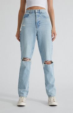 PacSun has got you covered this season with the new Light Blue Distressed Dad Jeans. Featuring a classic high-rise fit, these baggy jeans sit high on the waist and get updated with destruction details at the knee and a light blue wash that goes with every look. They are slightly oversized and fits slouchy and roomy through the hip and thigh with a straight leg fit. Learn more about PacSun eco items PacSun Womens Eco Light Blue Distressed Dad Jeans size 23 Everyday Ripped High Waist Jeans, High Waist Ripped Jeans For Everyday, Everyday Ripped High Rise Jeans, Trendy Distressed Bottoms For Everyday, High Rise Ripped Jeans For Everyday, Everyday High Rise Ripped Jeans, Pascun Jeans, Distressed Mid-rise Mom Jeans, Distressed Mid-rise Mom Fit Jeans