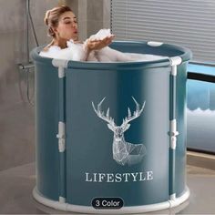 a woman in a bathtub with the words lifestyle on it and an image of a deer's head