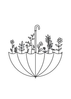 a line drawing of an umbrella with flowers growing out of the top and leaves on the bottom